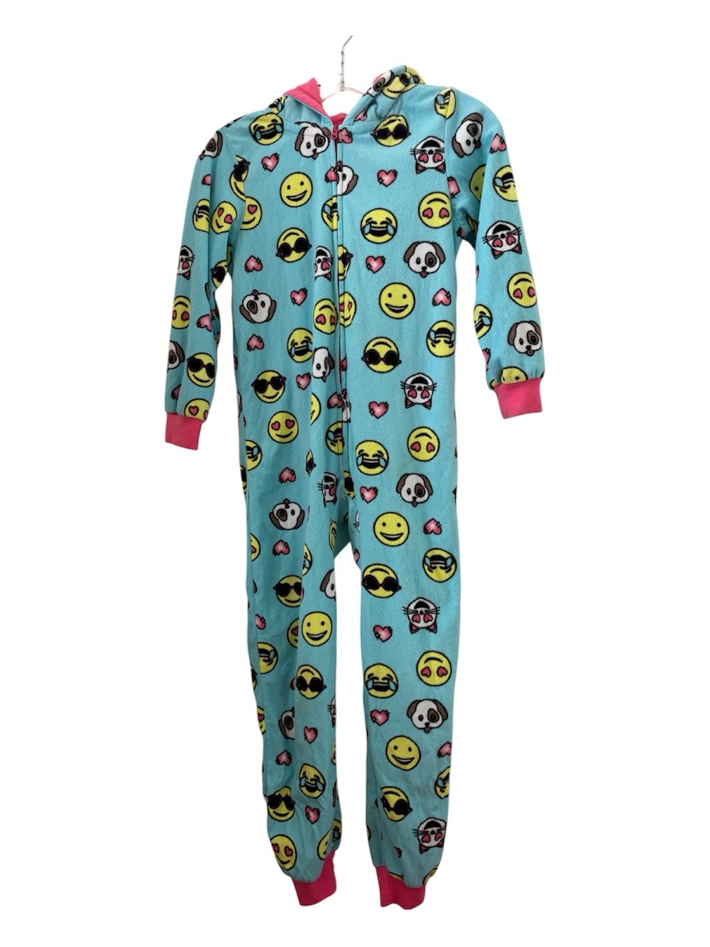 Girls' Blue Emoji Print Hooded One-Piece Pajamas M